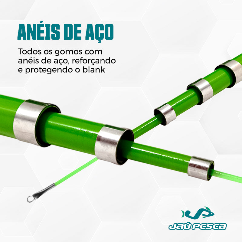 Kit 01 Vara Telescópica Gomo Longo JP Traira 6,00m Verde Jaú Pesca e Ace