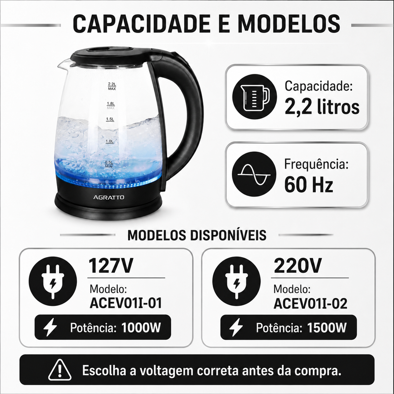 Chaleira Elétrica Aroma Vidro 2,2 Litros - Agratto