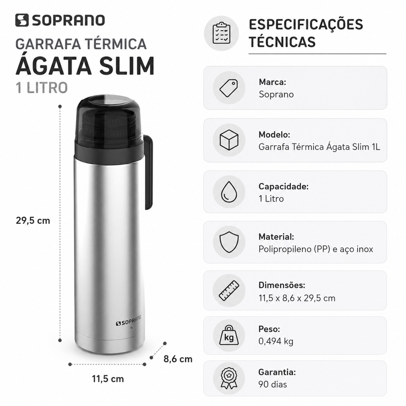 Garrafa Térmica Ágata Slim 1L Inox - Soprano