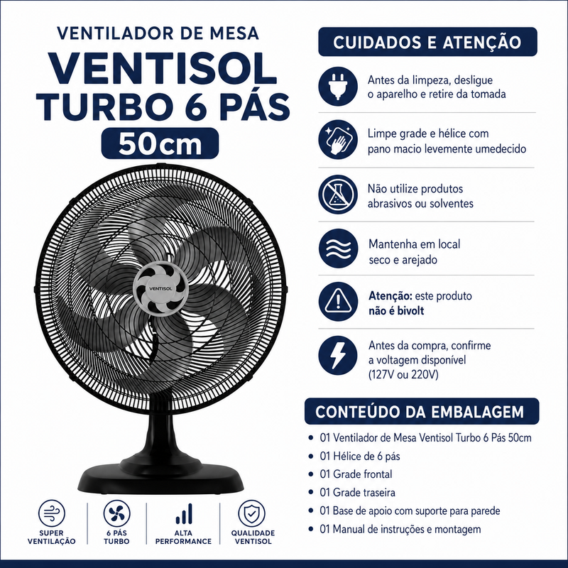Ventilador de Mesa Turbo 6 Pás 50cm Preto 135W - Ventisol