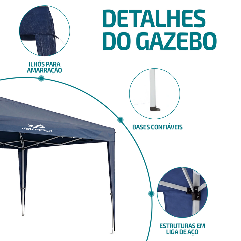 Tenda Gazebo Jaú Pesca Sanfonado Dobrável Para Uso Externo 3x3x2,55 Com Bolsa, 4 Cordas e 4 Estacas