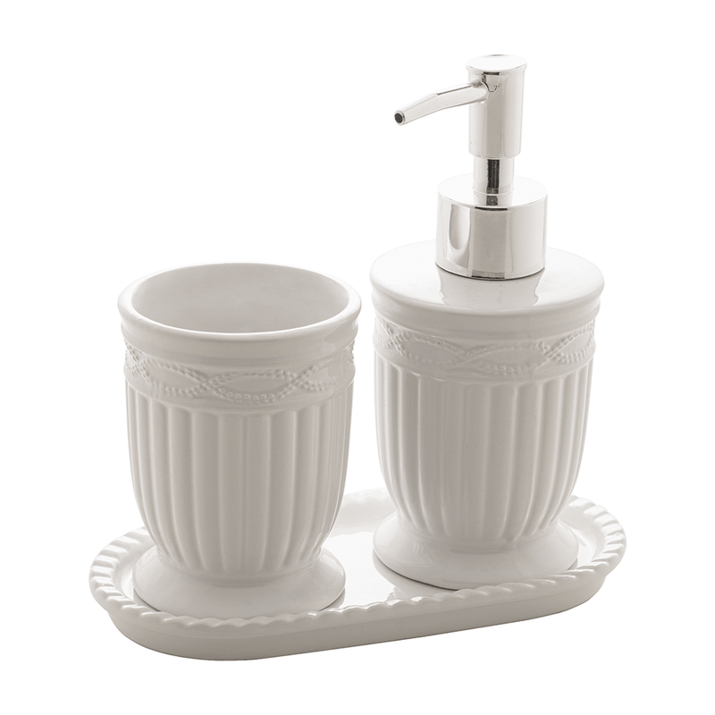 Conjunto Banheiro 3 Peças de Cerâmica Greece Branco e Prata - Lyor