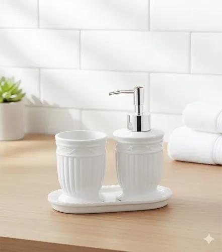 Conjunto Banheiro 3 Peças de Cerâmica Greece Branco e Prata - Lyor