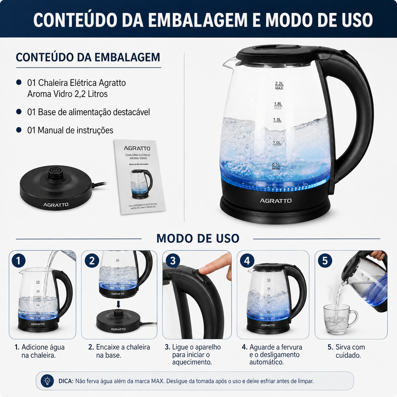 Chaleira Elétrica Aroma Vidro 2,2 Litros - Agratto