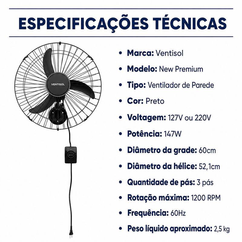 Ventilador de Parede New Premium 60cm Preto 147W - Ventisol