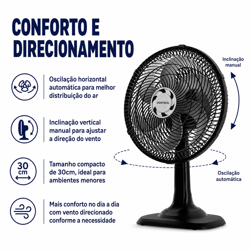 Ventilador de Mesa Turbo 6 Pás 30cm Preto 52W - Ventisol