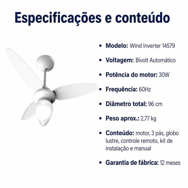 Ventilador de Teto Wind Inverter Branco Bivolt com Controle Remoto - Ventisol