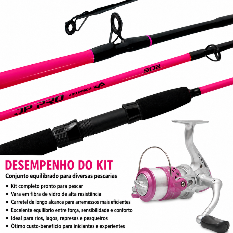 Kit ML Vara Molinete JP PRO 10-20lbs / 12-25lbs Rosa + Molinete Magnum Plus Lady 3000 3 Rolamentos - Jaú Pesca