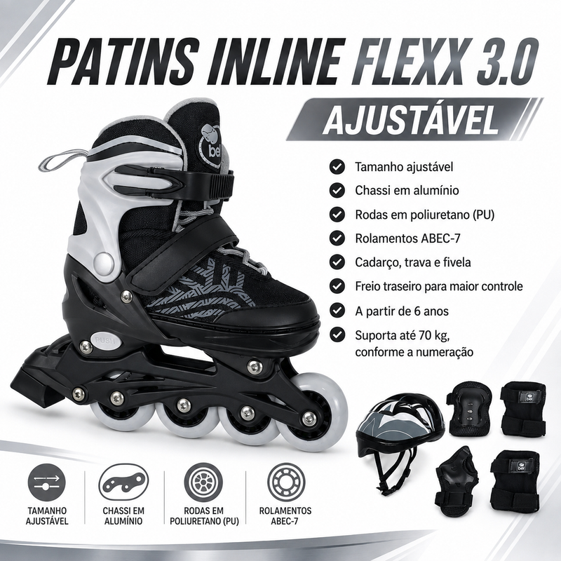 Kit Patins Inline Flexx 3.0 Prata + Proteção Completa Preta M - Bel Sports