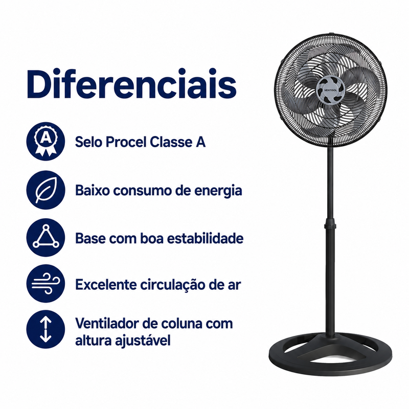 Ventilador de Coluna Turbo 6 Pás 40cm Preto 127V/220V – Ventisol