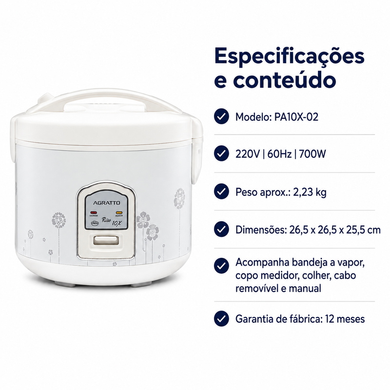 Panela Elétrica de Arroz Riso 10 Xícaras 220V Branca - Agratto