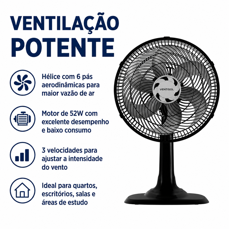 Ventilador de Mesa Turbo 6 Pás 30cm Preto 52W - Ventisol