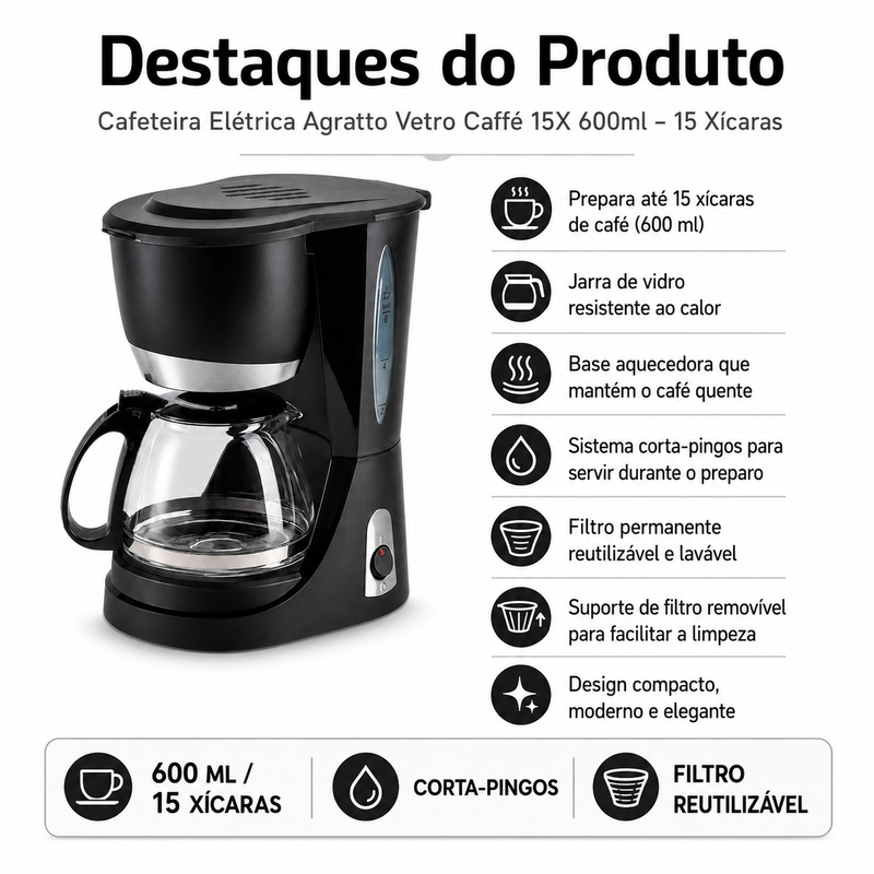 Cafeteira Elétrica Vetro Caffè 15 Xícaras - Agratto