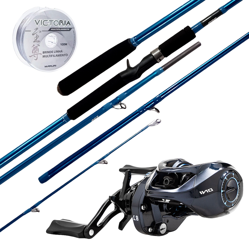 Kit de pesca Vara Carbono 2,40 + Carretilha Maruri ONI 8.1:1 6kg Direita  + Linha Multi