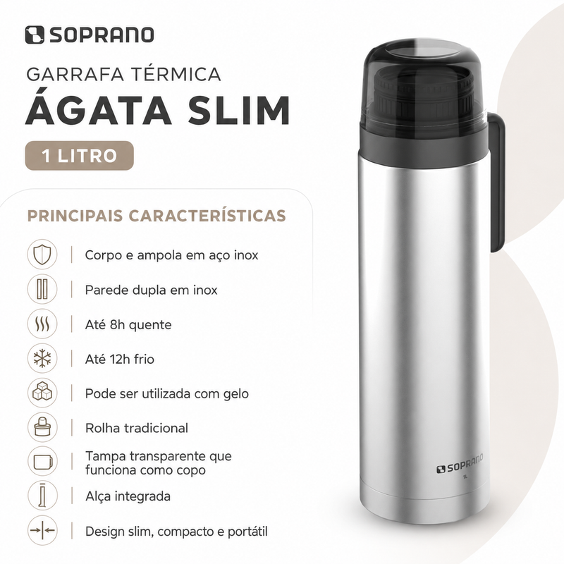 Garrafa Térmica Ágata Slim 1L Inox - Soprano