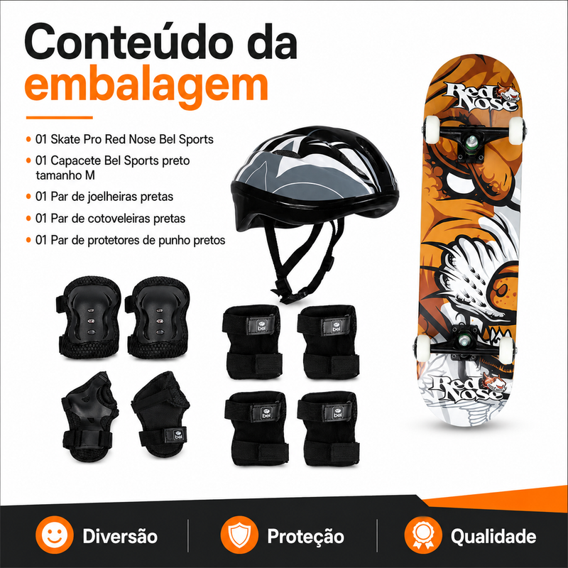 Kit Skate Pro Red Nose + Kit de Proteção Preto Tamanho M - Bel Sports
