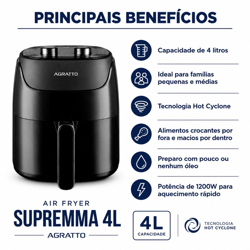 Fritadeira Air Fryer Supremma 4L Preta - Agratto