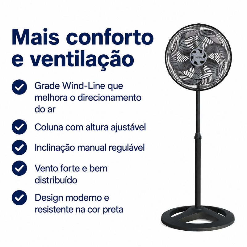 Ventilador de Coluna Turbo 6 Pás 40cm Preto 127V/220V – Ventisol