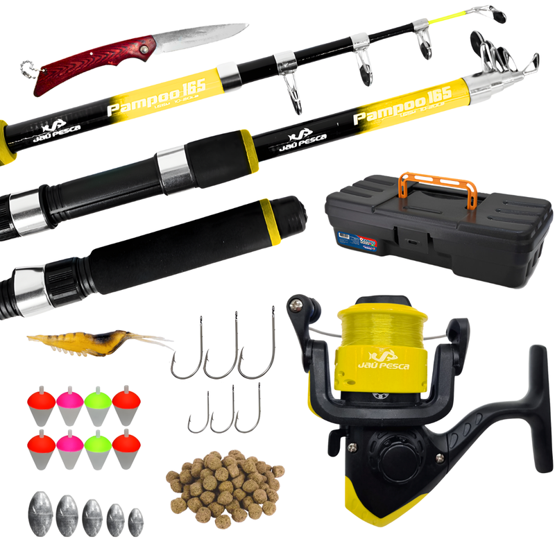 Kit de Pesca - Vara 20lbs + Molinete e Linha Jau Pesca + Acessórios + Maleta + Canivete - Completo