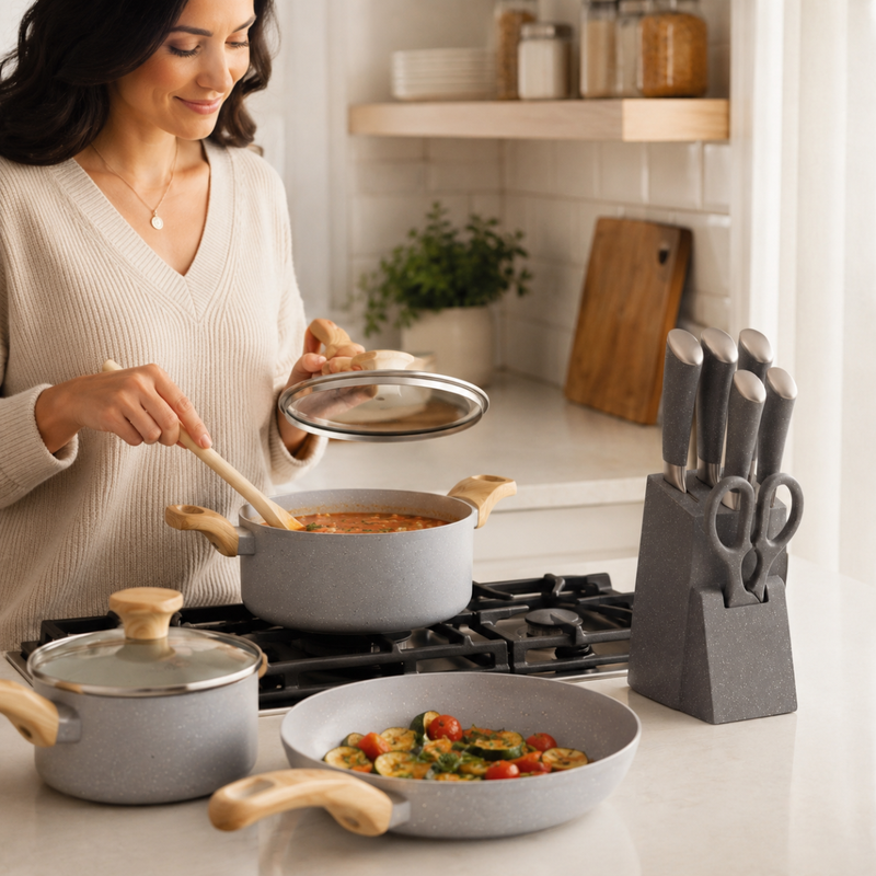 Kit 16pçs Jogo de Panelas Pratic Cook Grafito + Jogo de Faca com Cepo Organizador - Mimo Style