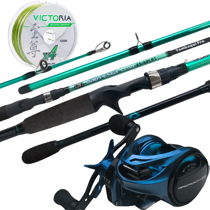 Kit Vara Carretilha JP TAMBAQUI PRO 2,40 mts 60 lbs + Arcadium BG e Linha