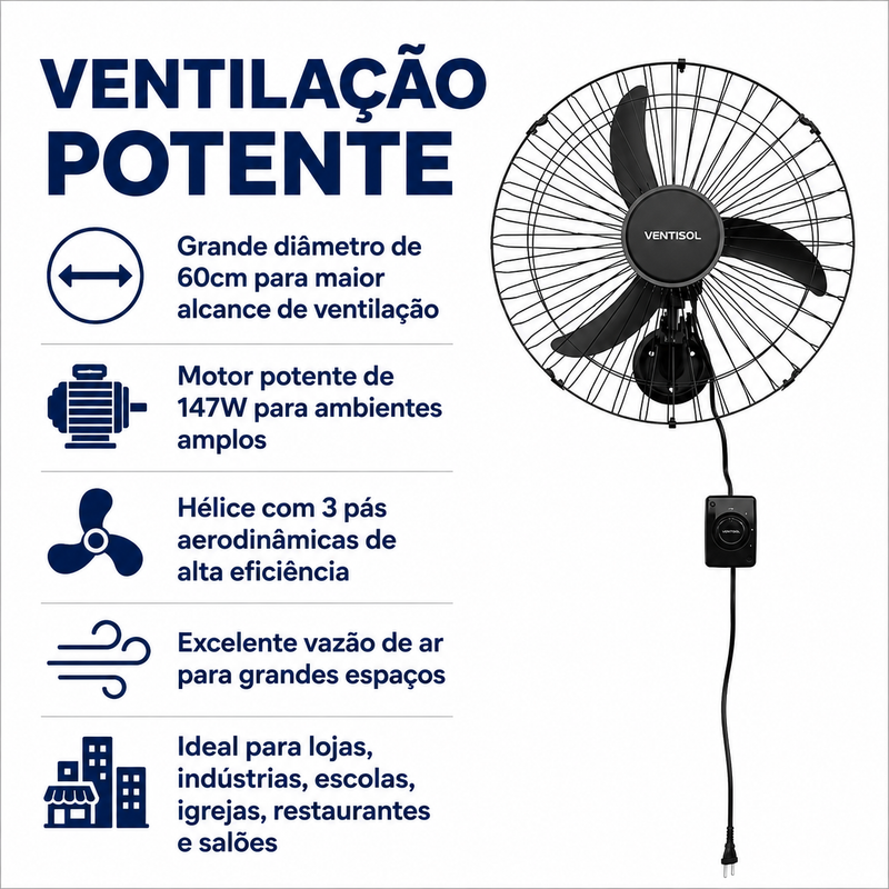 Ventilador de Parede New Premium 60cm Preto 147W - Ventisol