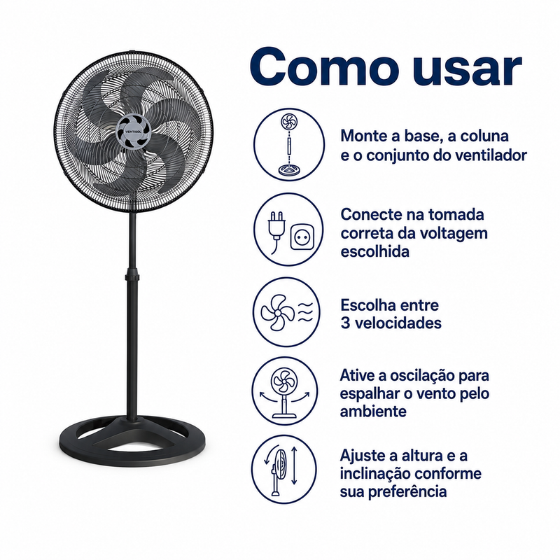 Ventilador de Coluna Turbo 6 Pás 50cm Preto 127V/220V - Ventisol