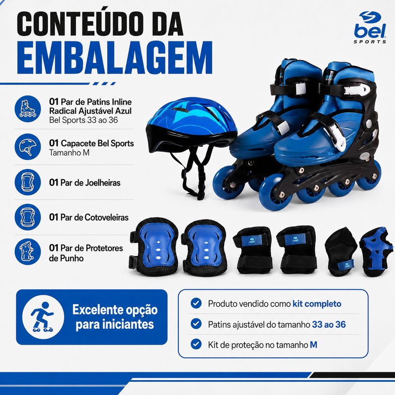 Kit Patins Inline Radical Ajustavel Azul + Proteção Completa Azul M - Bel Sports