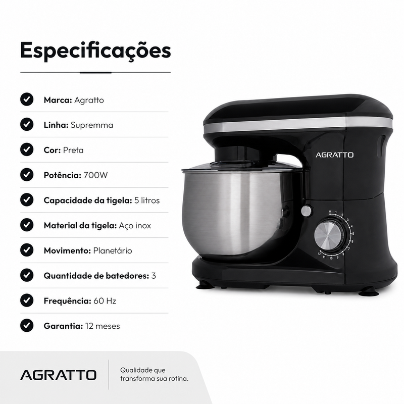 Batedeira Planetária Supremma 5L 700W Preta - Agratto