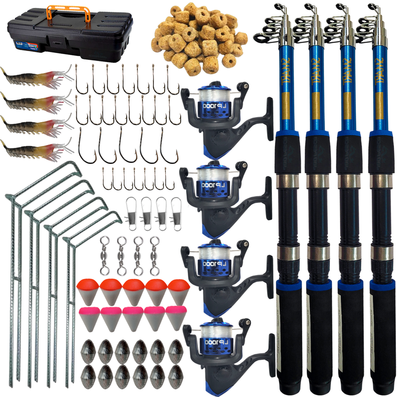 Kit de Pesca 04 Vara + Molinete Maleta Saquinho Racao e Suporte Albatroz