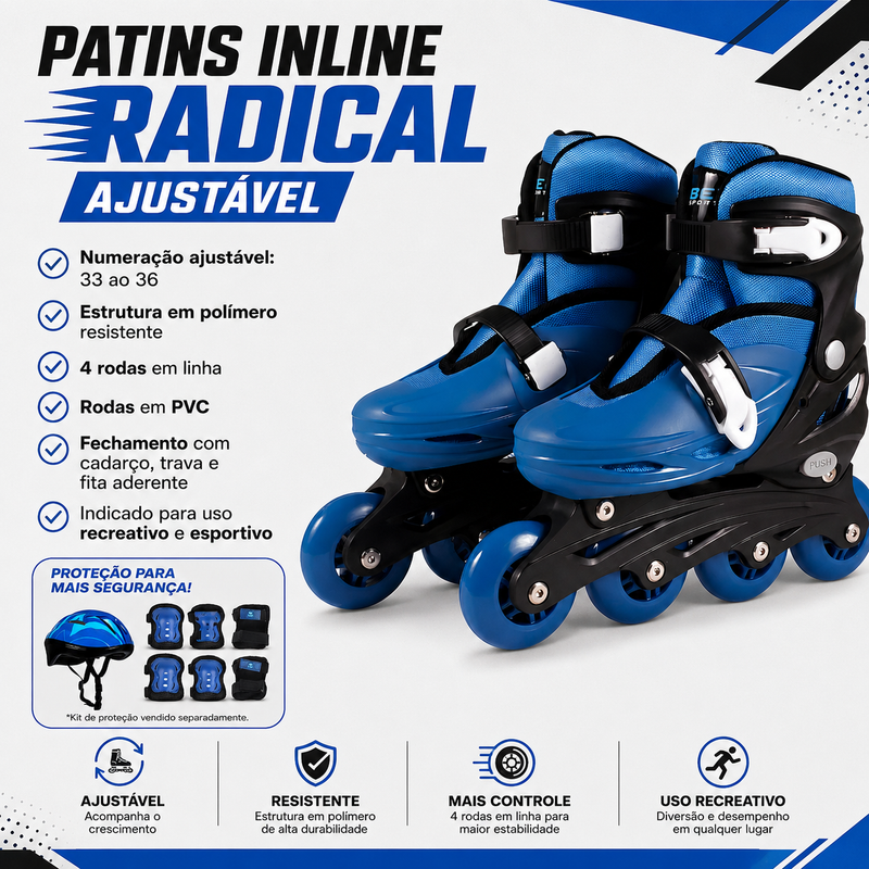 Kit Patins Inline Radical Ajustavel Azul + Proteção Completa Azul M - Bel Sports