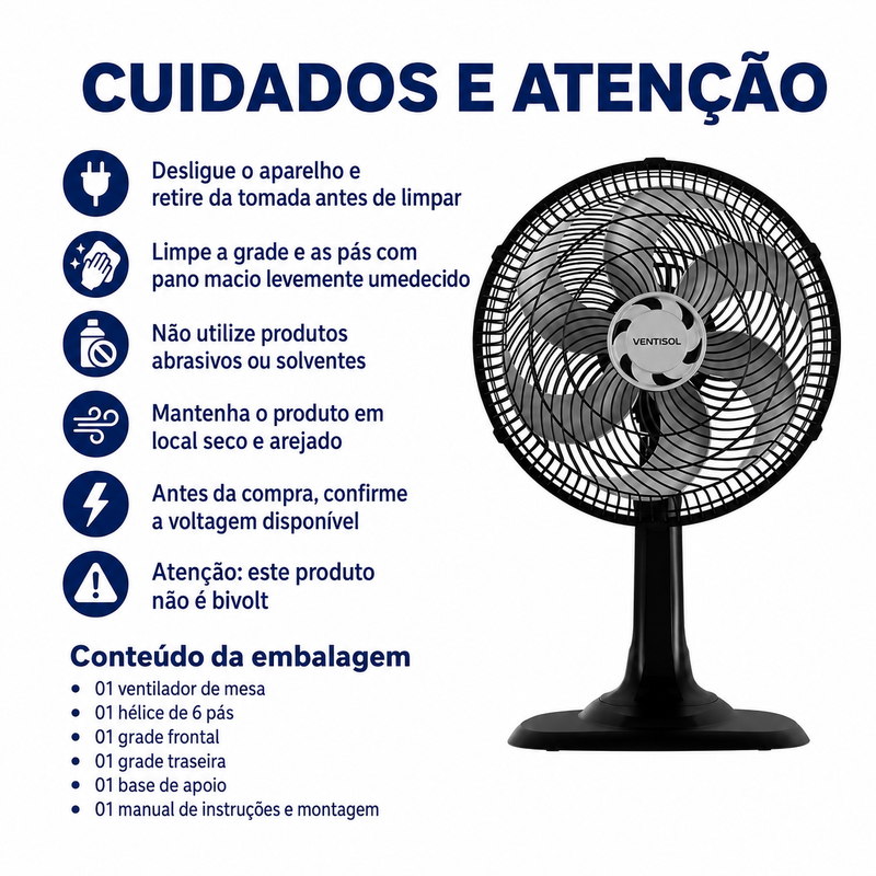 Ventilador de Mesa Turbo 6 Pás 30cm Preto 52W - Ventisol
