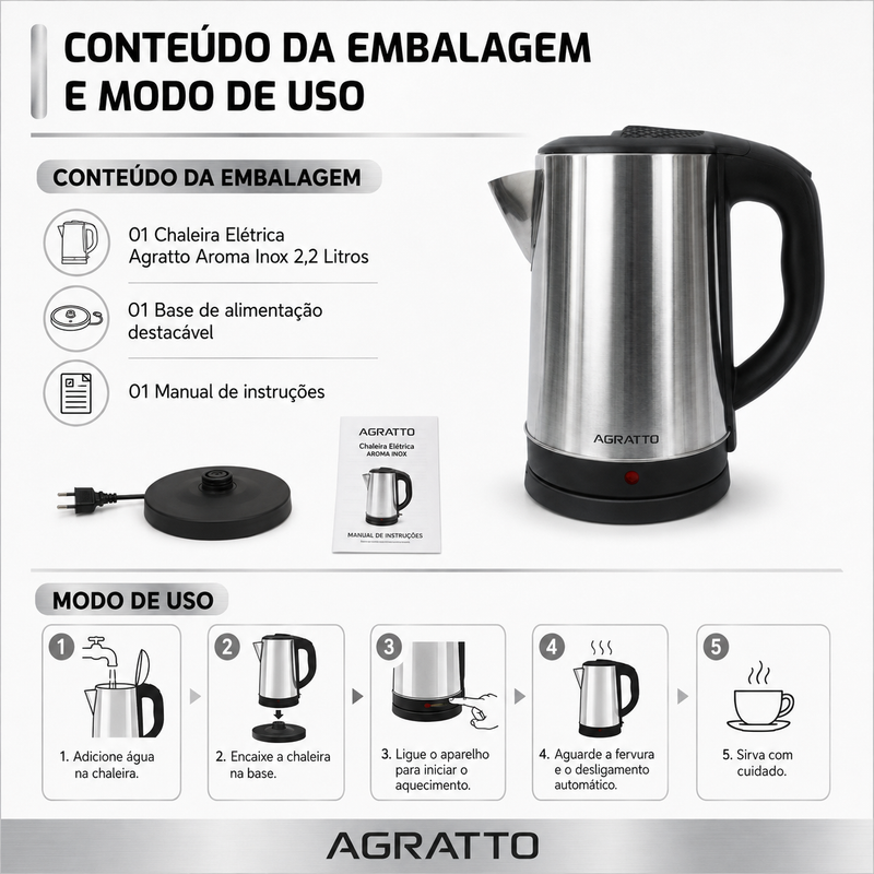 Chaleira Elétrica Aroma Inox 2,2 Litros - Agratto