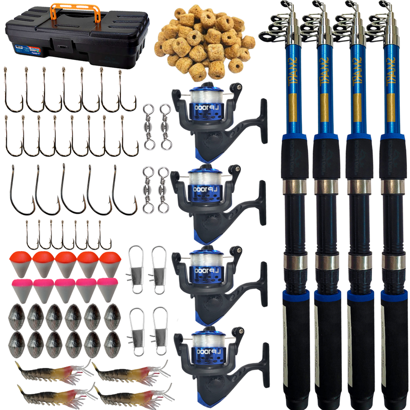 Kit de Pesca 04 Vara + Molinete Maleta Saquinho e Racao Albatroz