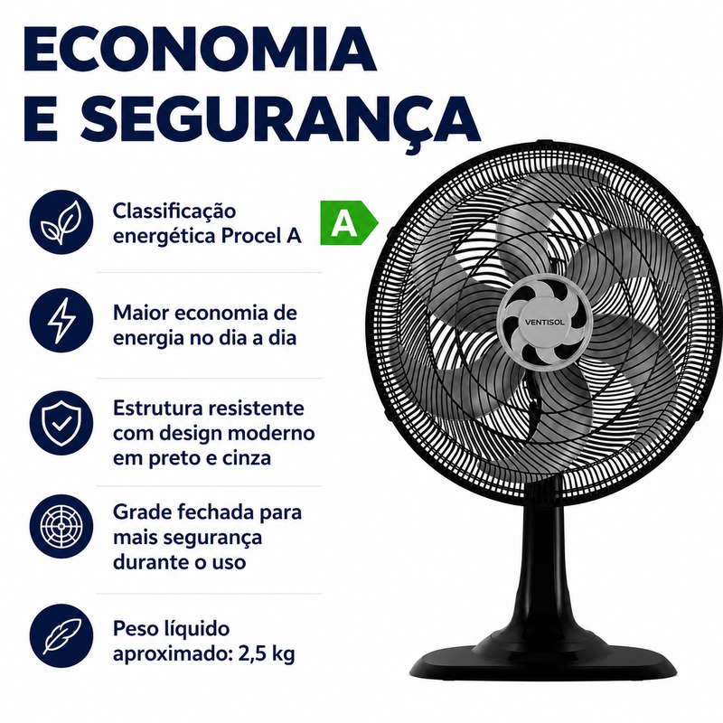 Ventilador de Mesa Turbo 6 Pás 40cm Preto 80W - Ventisol