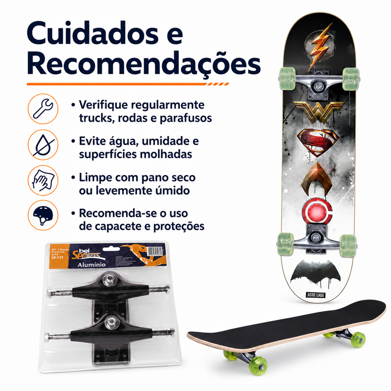 Kit Skateboard Liga da Justiça Vilões + 2 Trucks em Alumínio - Bel Sports