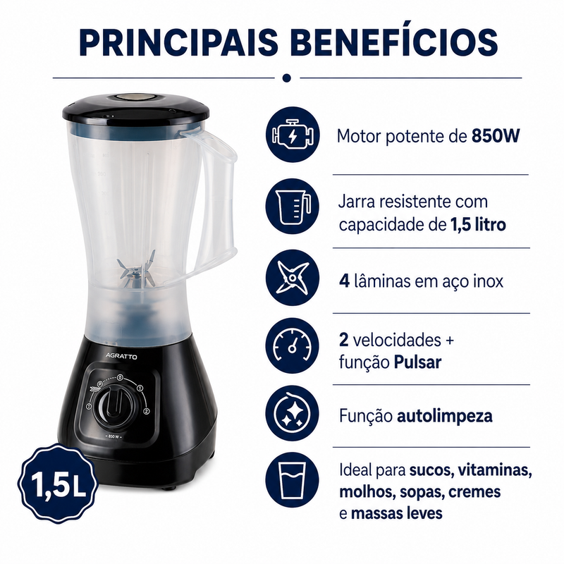 Liquidificador Forza 1,5L 850W  - Agratto