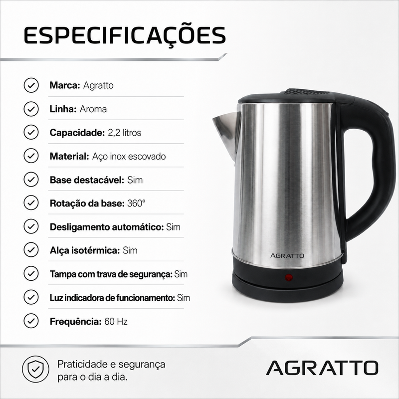 Chaleira Elétrica Aroma Inox 2,2 Litros - Agratto