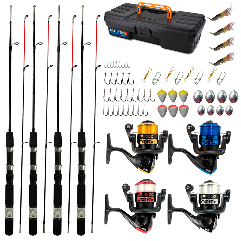 Kit de Pesca 04 Vara 2P 1,50 mts + Molinete Maleta e Saquinho Albatroz