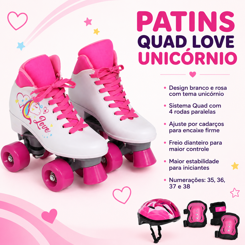 Kit Patins Quad Love Unicornio + Proteção completa Rosa M - Bel Sports