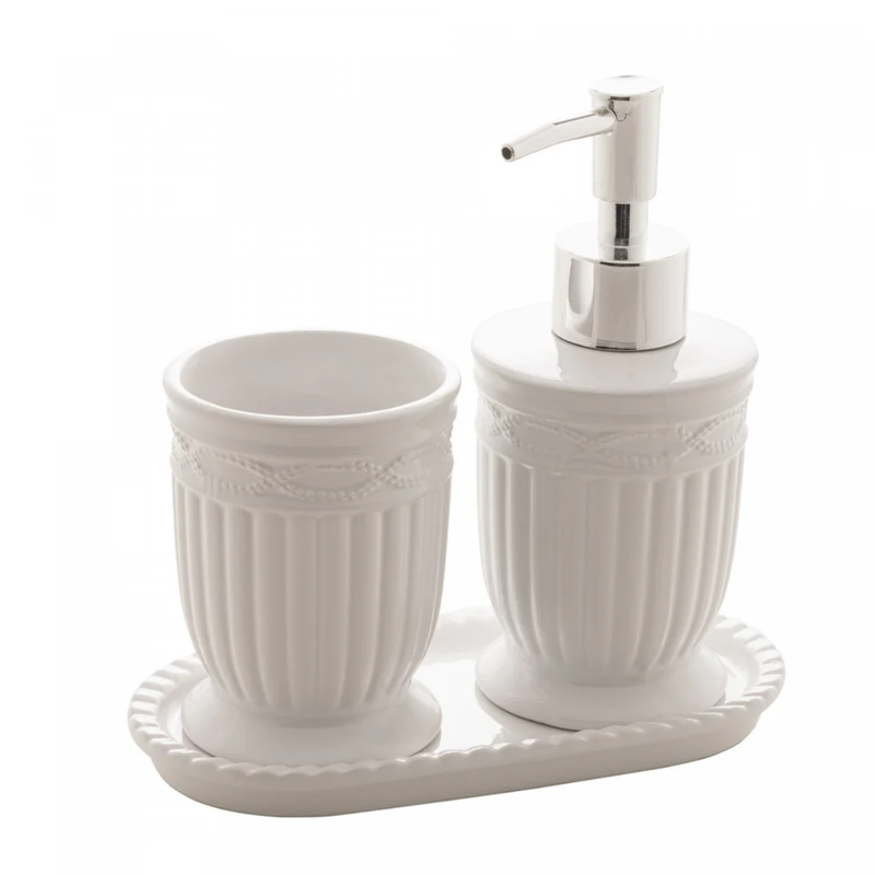 Conjunto Banheiro 3 Peças de Cerâmica Greece Branco e Prata - Lyor