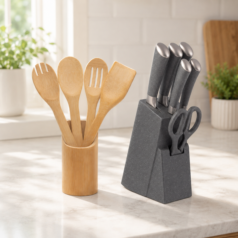 Kit 11pçs Jogo de Facas com Cepo Organizador+ Utensílios Eco Kitchen - Mimo Style