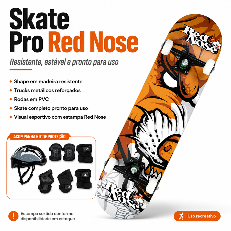 Kit Skate Pro Red Nose + Kit de Proteção Preto Tamanho M - Bel Sports