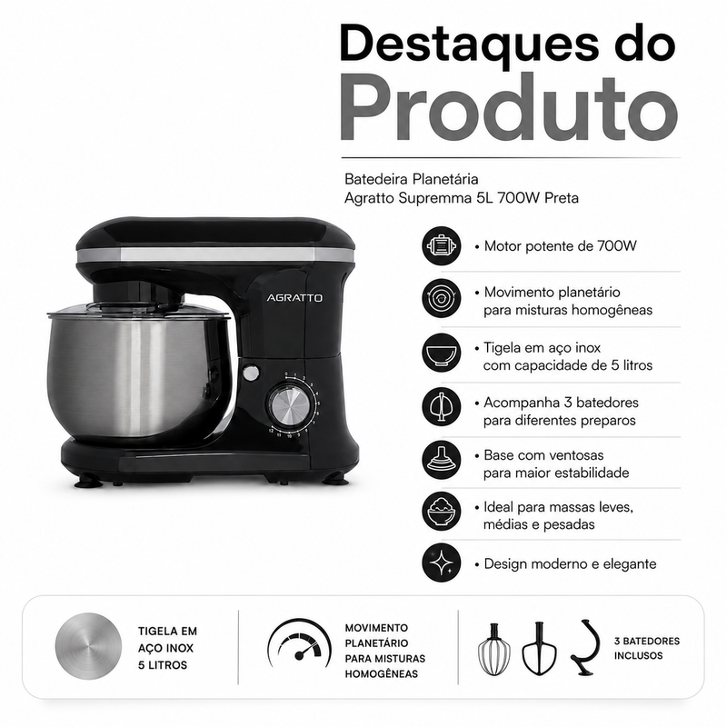 Batedeira Planetária Supremma 5L 700W Preta - Agratto