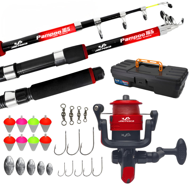Kit de Pesca - Vara 20lbs + Molinete e Linha Jau Pesca + Acessórios + Maleta - Completo