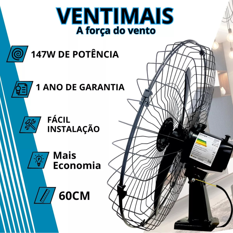 VENTILADOR OSC DE PAREDE 60CM PRETO LIGHT 147W 127V VENTIMAIS