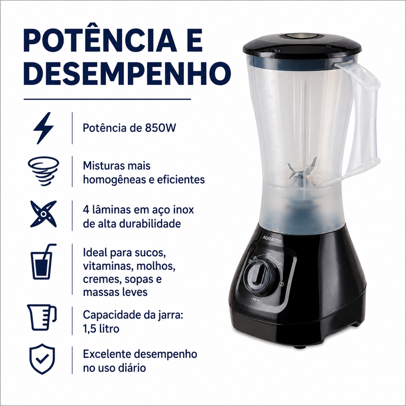 Liquidificador Forza 1,5L 850W  - Agratto
