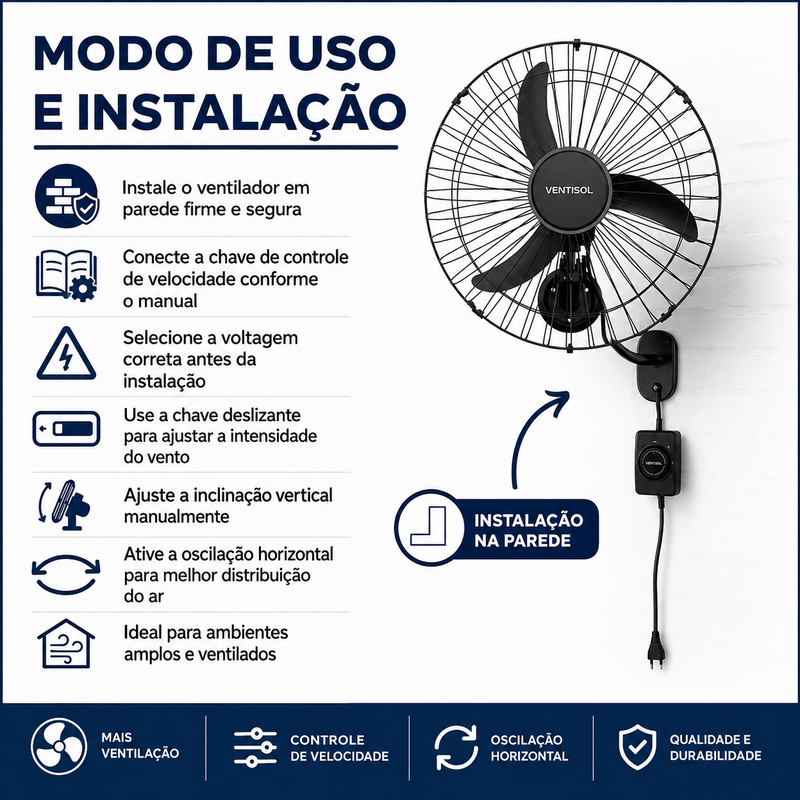 Ventilador de Parede New Premium 60cm Preto 147W - Ventisol