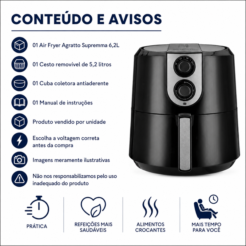 Fritadeira Air Fryer Agratto Supremma 6,2L Preta - Agratto