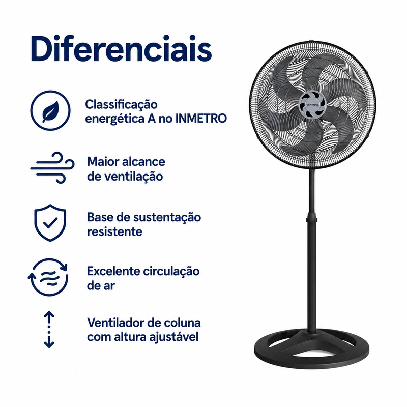 Ventilador de Coluna Turbo 6 Pás 50cm Preto 127V/220V - Ventisol